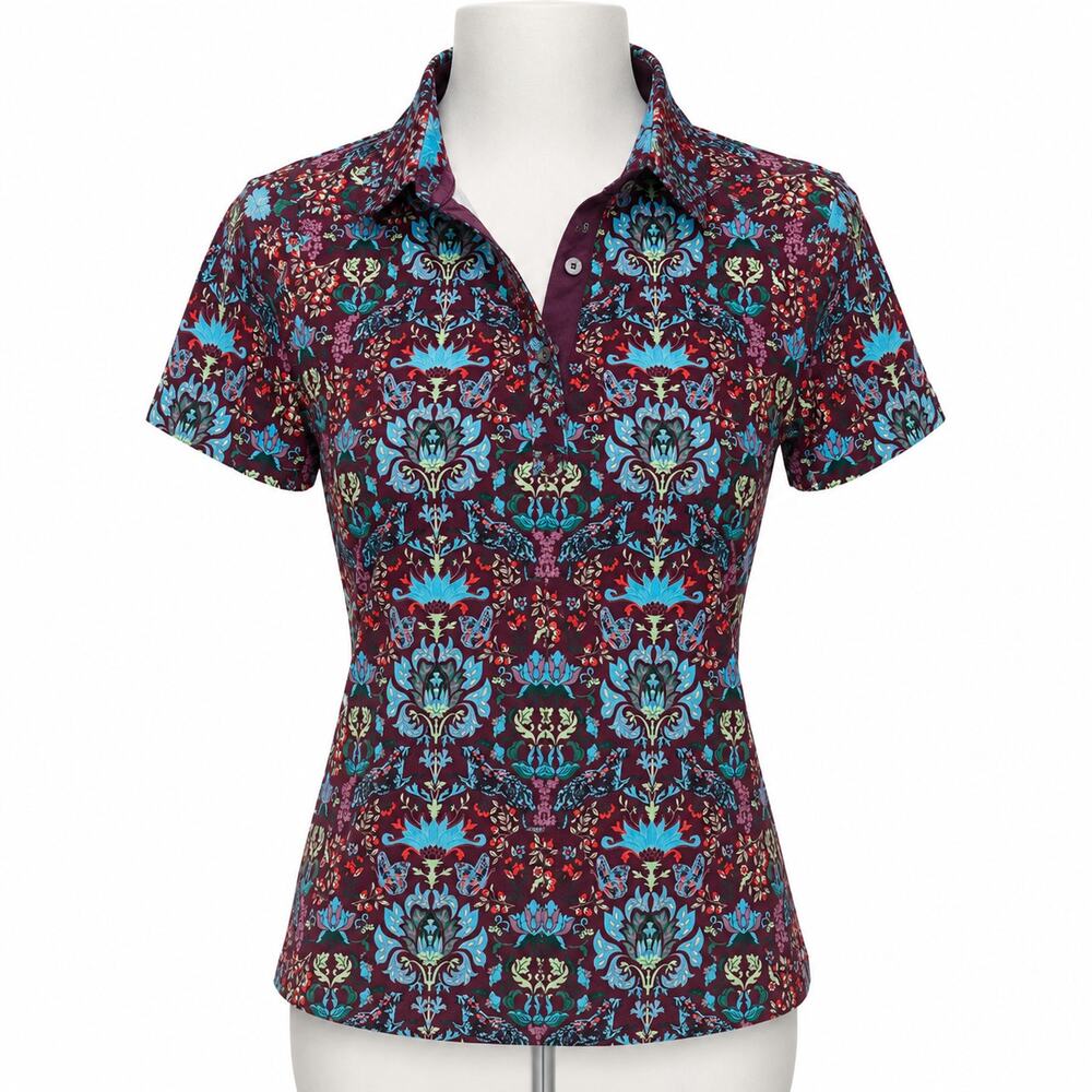 Greyson Floral Bird Print Polo Shirt Burgundy Blue Women’s XL